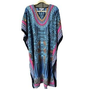 VTG Winlar Kaftan Dress Mumu Roper Romp Blue/Pink/Black Floral/Tribal Print